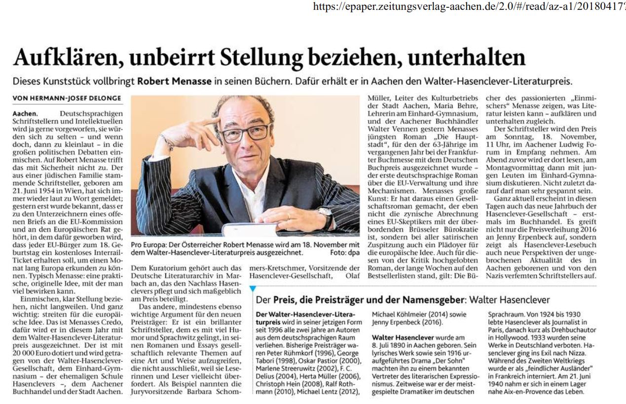 Hasenclever Preisverleihung an Robert Menasse